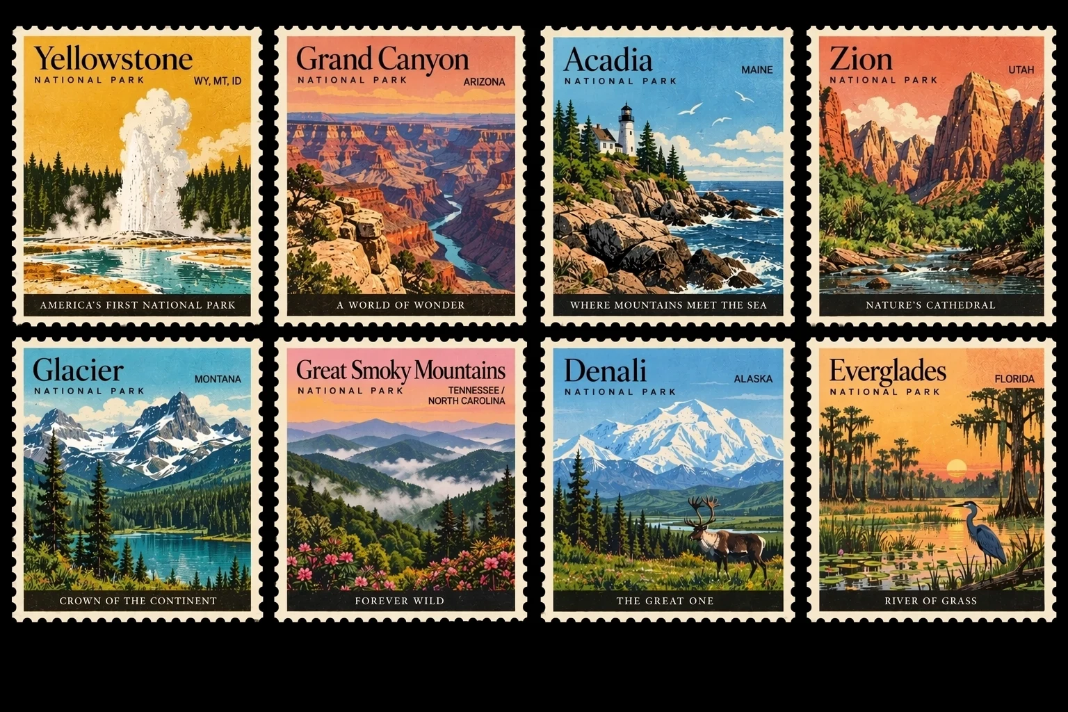 GPT Image 2.5 family collection of vintage national park stamp variations