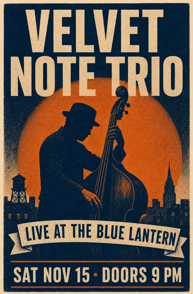 Edited jazz poster with new title, venue and date while preserving the illustration and style