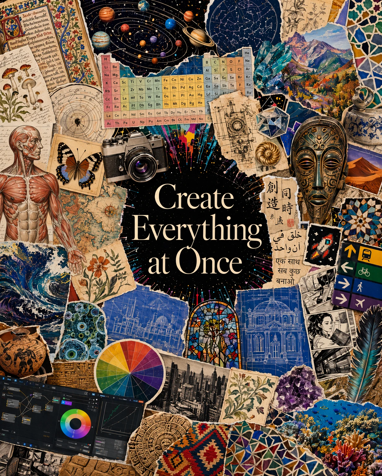 GPT Image 2 creative collage with science, art, architecture and multilingual typography