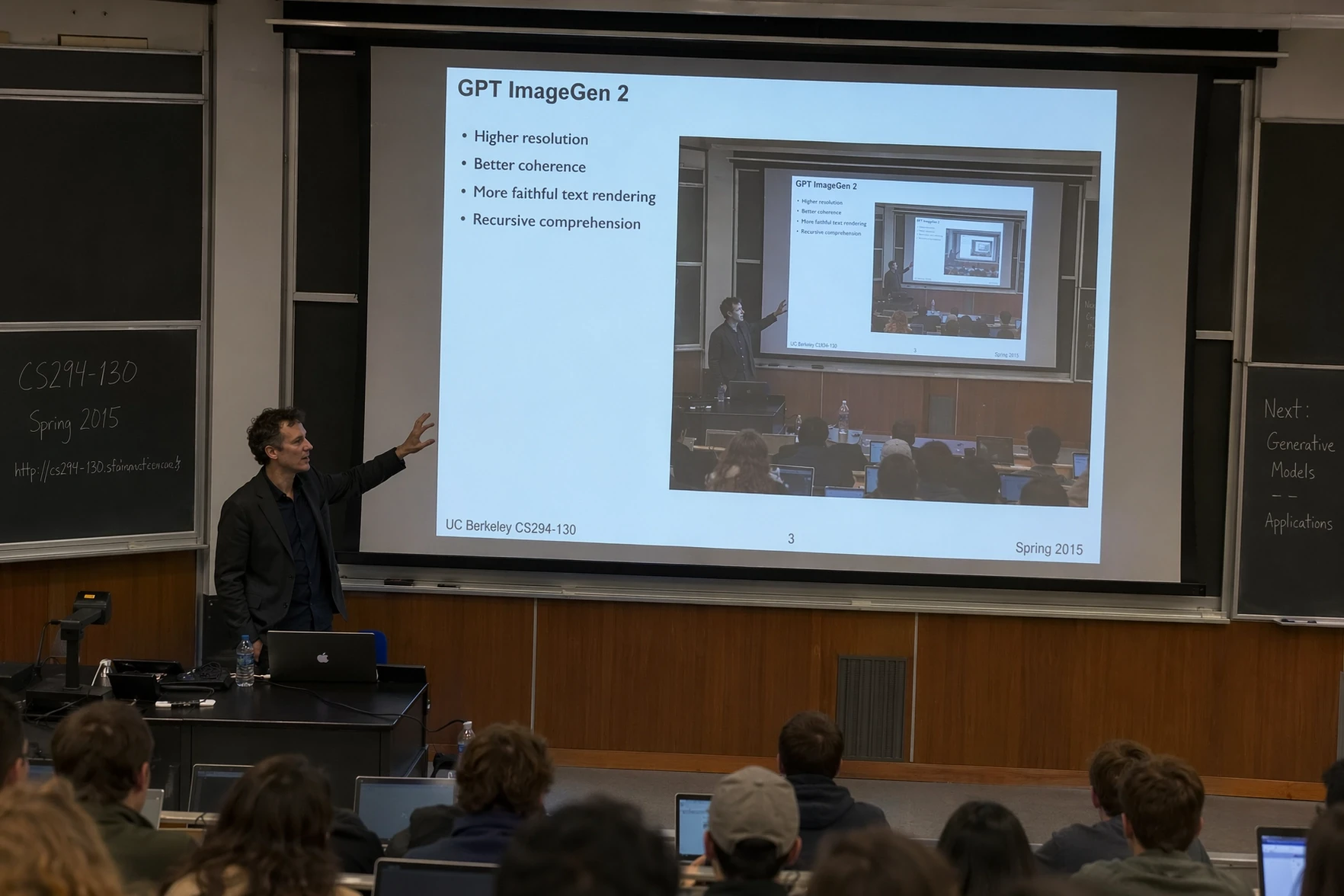 GPT Image 2 lecture hall scene with a readable recursive presentation slide
