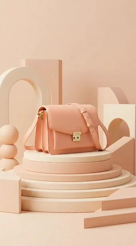 Nano Banana 2.1 edit placing the same peach shoulder bag on a stepped cream pedestal with geometric shapes