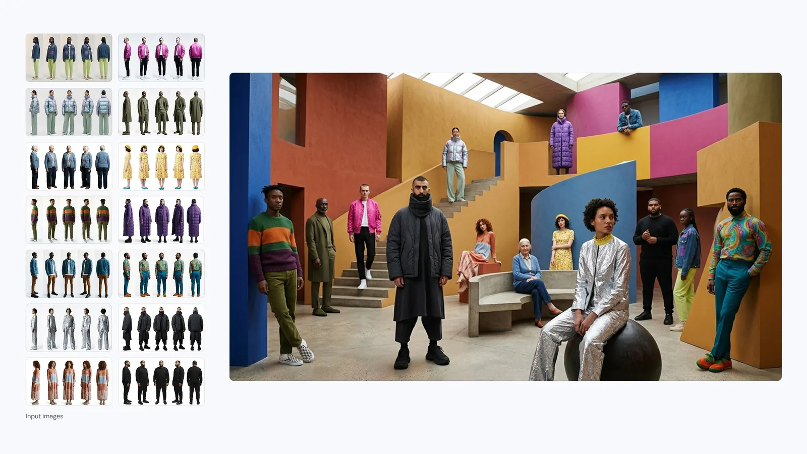 Official Nano Banana 2.1 example placing fashion models from a grid of reference outfits into one geometric set