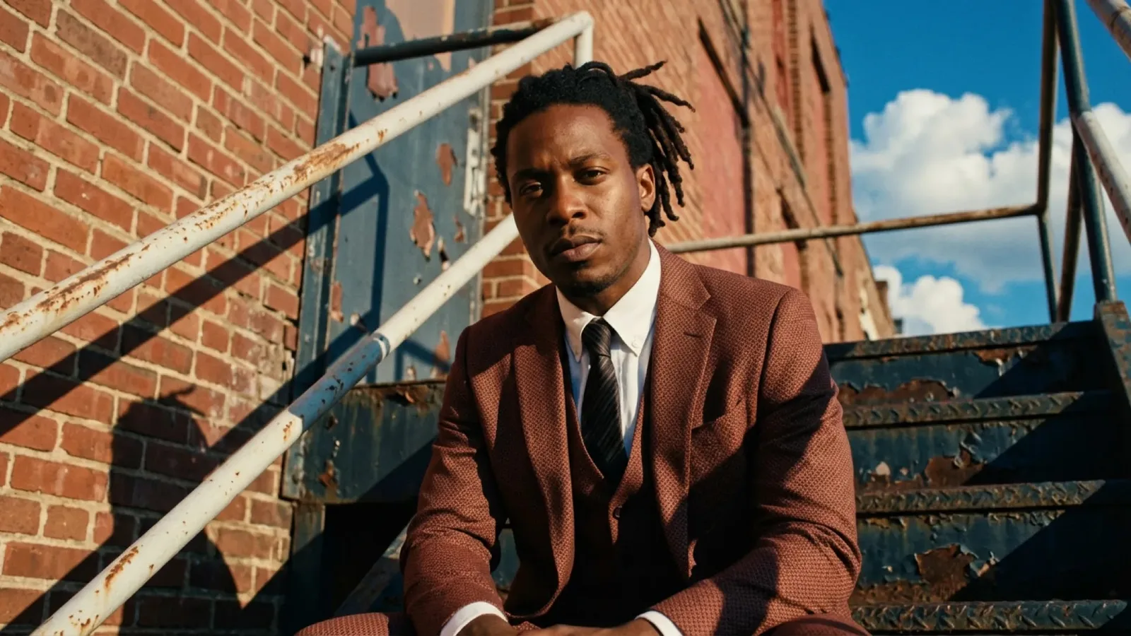 Official Nano Banana 2.1 photorealistic portrait of a man in a textured three-piece suit on industrial stairs