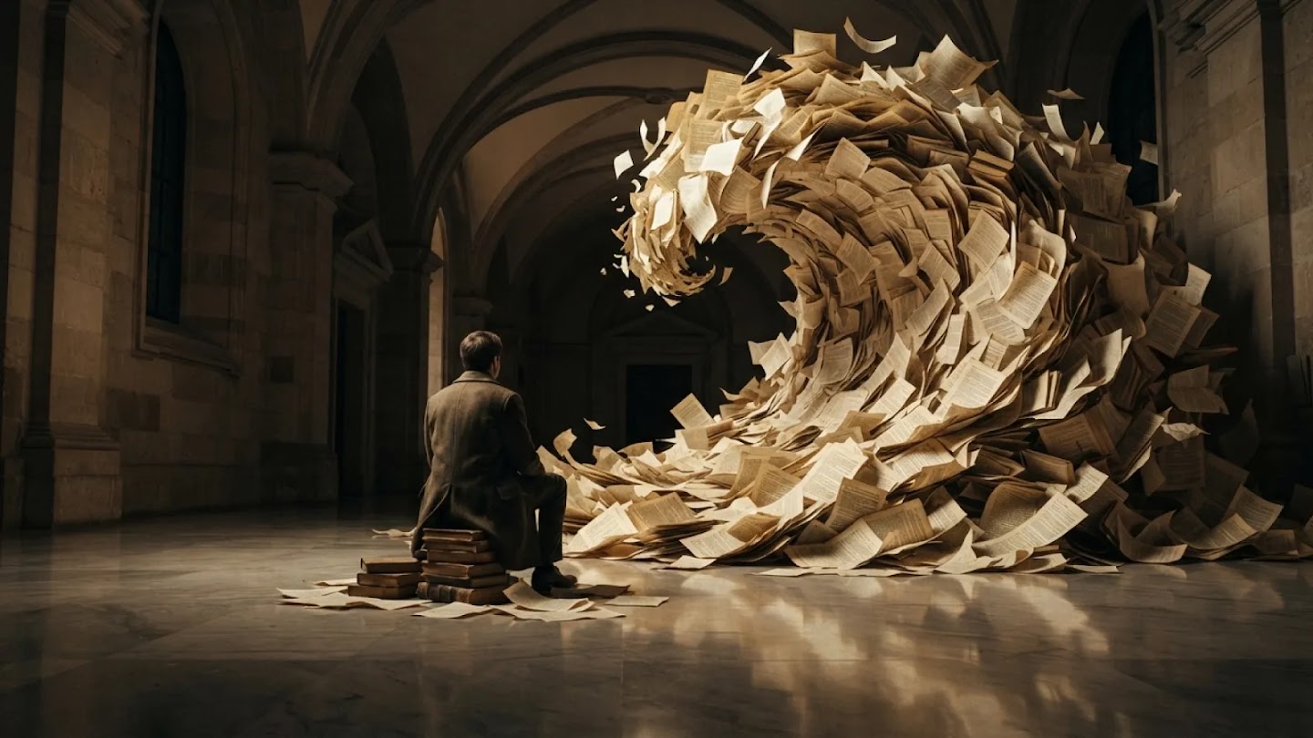 Official Google DeepMind Nano Banana 2 Lite example showing a man sitting on books facing a tidal wave made of flying paper inside a vaulted hall.