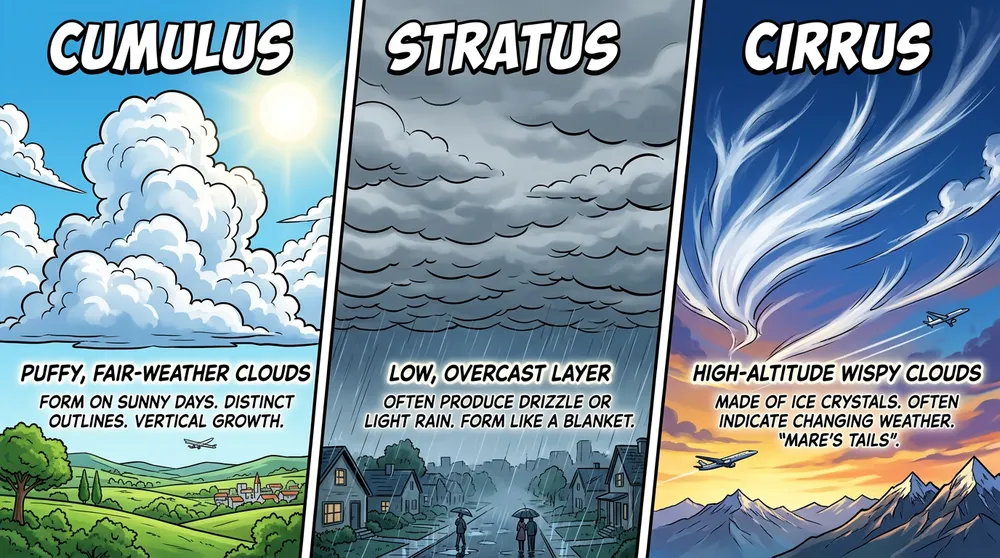 Official Nano Banana 2 comic-style infographic comparing cumulus, stratus and cirrus clouds