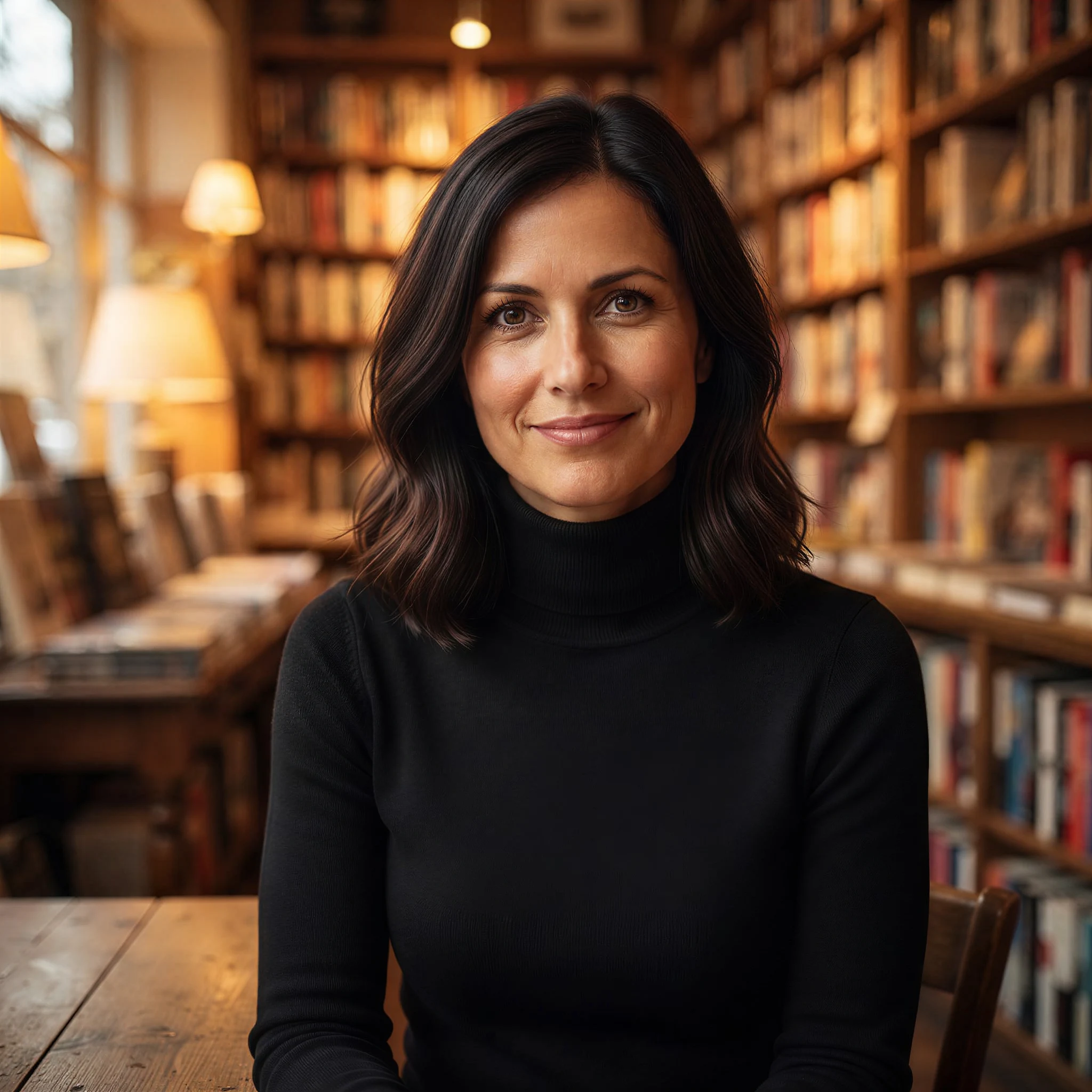 Nano Banana 2 edit preserving the woman's identity in a warm bookstore with a black turtleneck