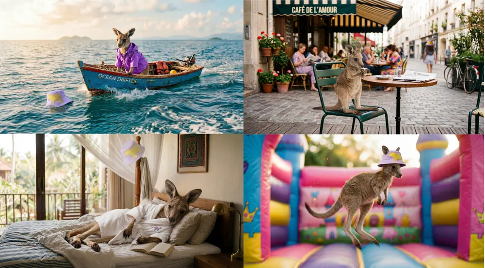 Official Nano Banana 2 four-frame sequence of a kangaroo on vacation