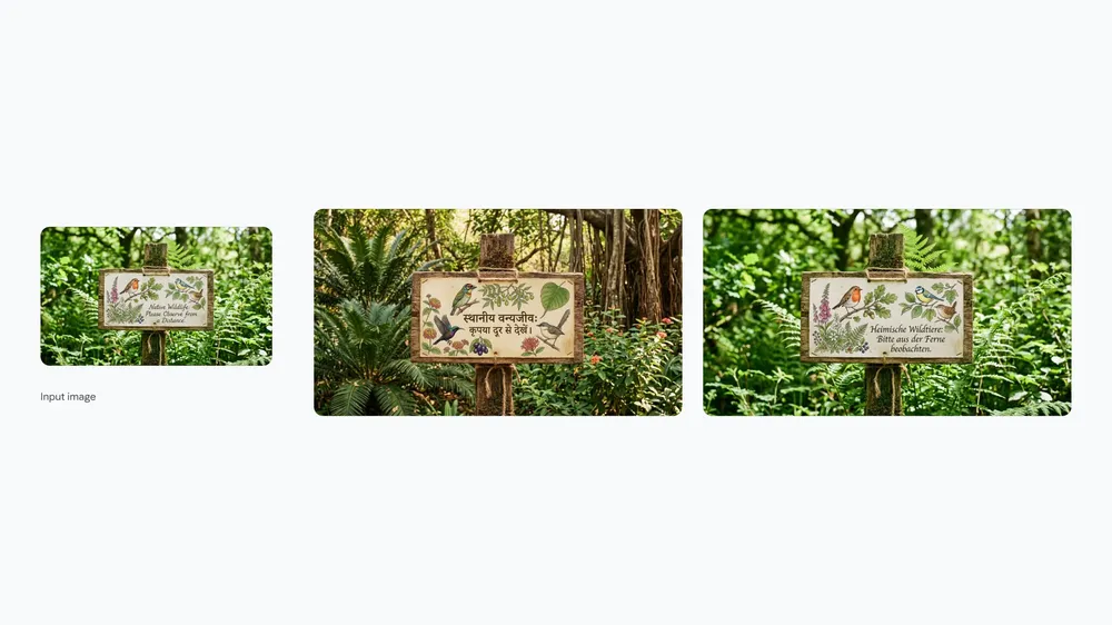 Official Nano Banana 2 wildlife sign localized from English to Hindi with regional birds and plants
