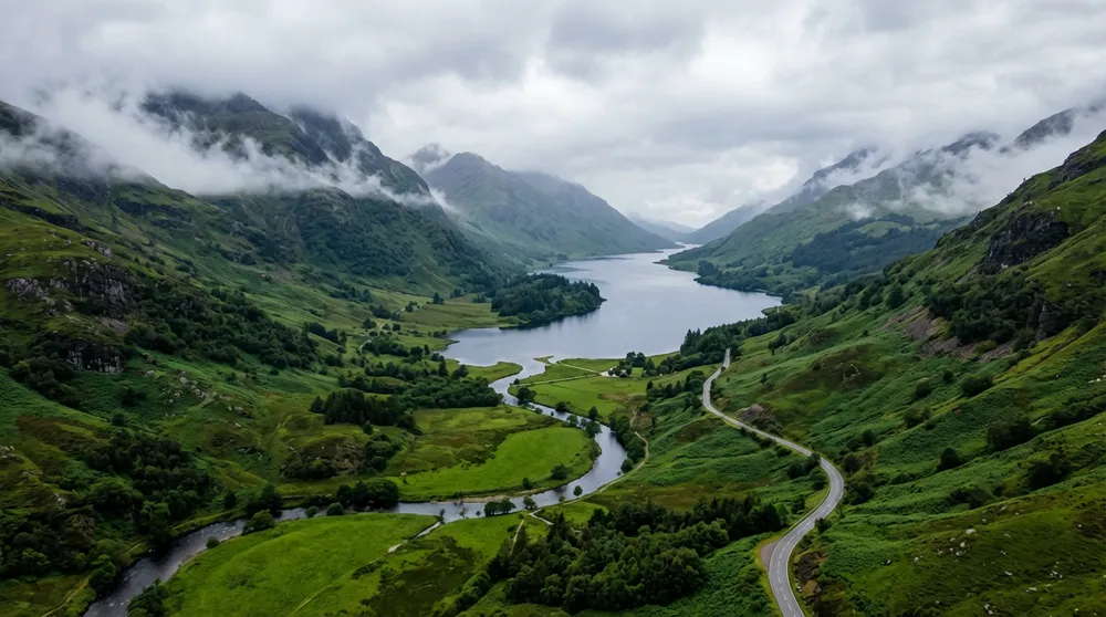 Official Nano Banana 2 aerial landscape of a misty valley, winding road and dark lake