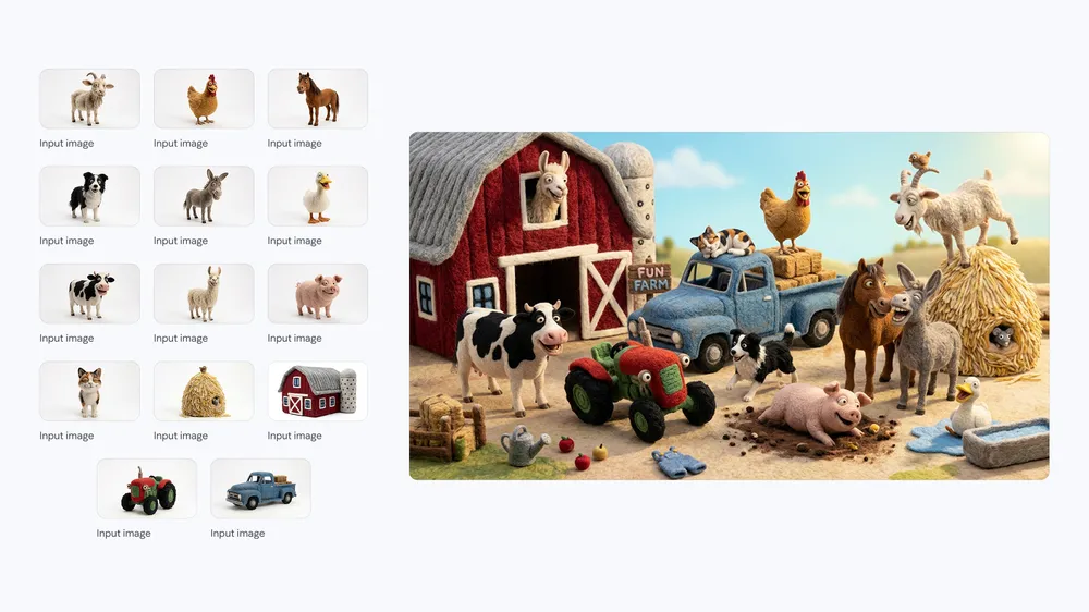 Official Nano Banana 2 farm scene with fourteen consistent characters and objects