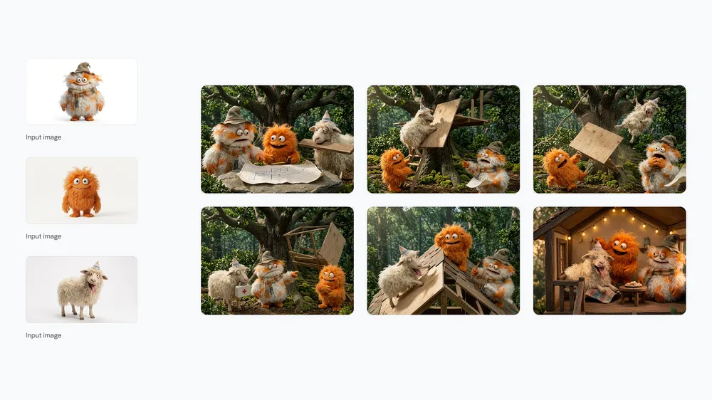 Official Nano Banana 2 multi-panel story of three fluffy characters building a treehouse