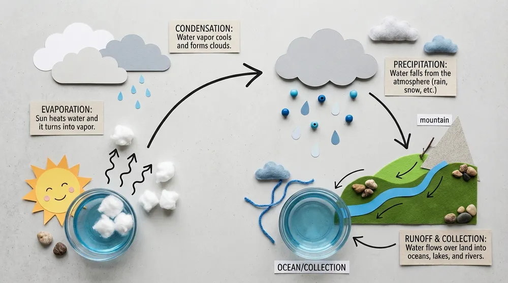 Official Nano Banana 2 flat-lay water cycle infographic with hand-drawn arrows