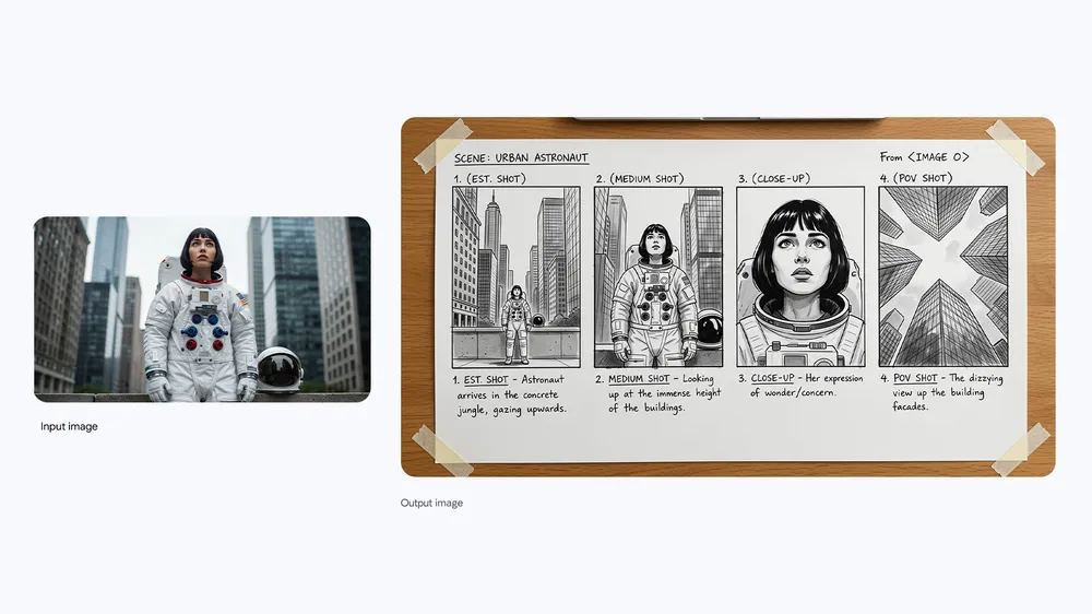 Official Nano Banana Pro four-panel Urban Astronaut storyboard