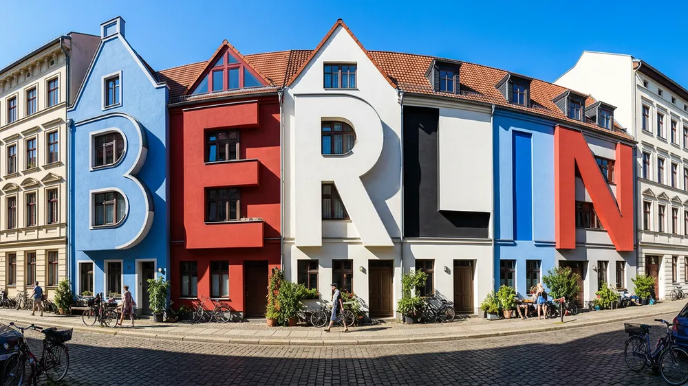 Official Nano Banana Pro Berlin street whose building facades subtly spell BERLIN