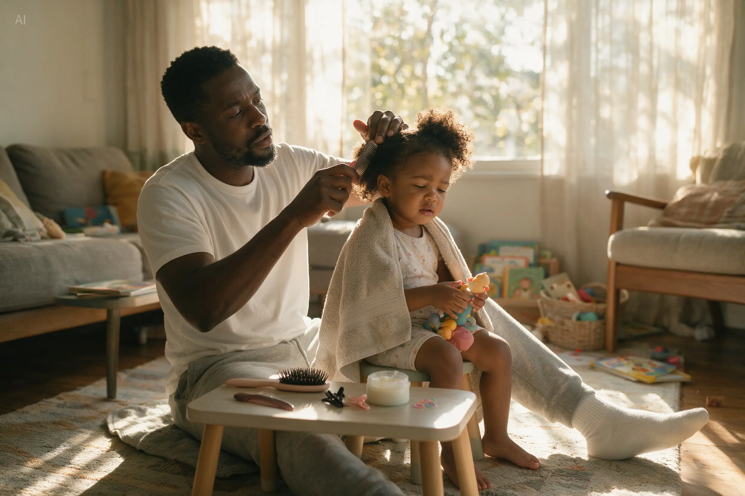Official Seedream 5.0 Pro realistic photograph of a father styling his daughter’s hair